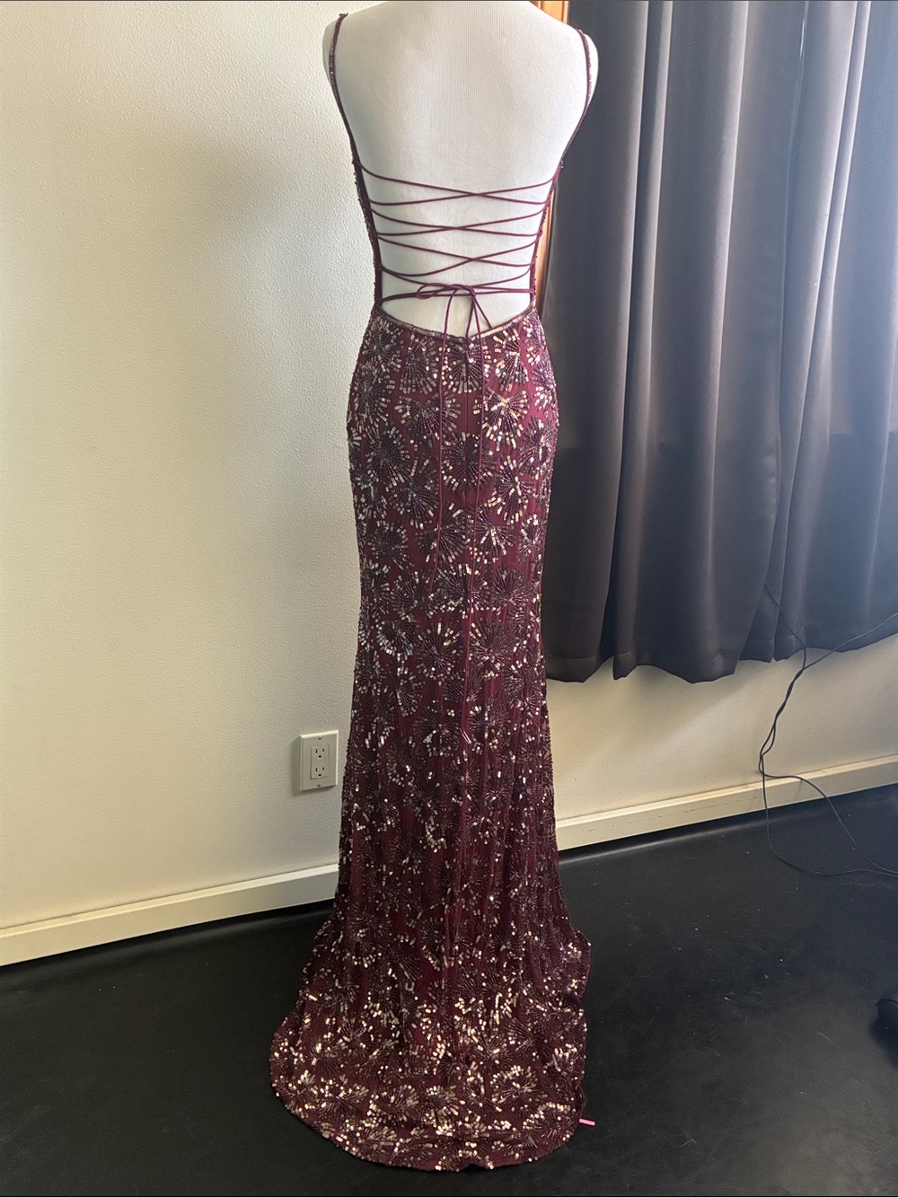 NWOT Rachel Allan Burgundy Sequin Spaghetti-Strap Prom Gown 4 - Picture 6 of 7